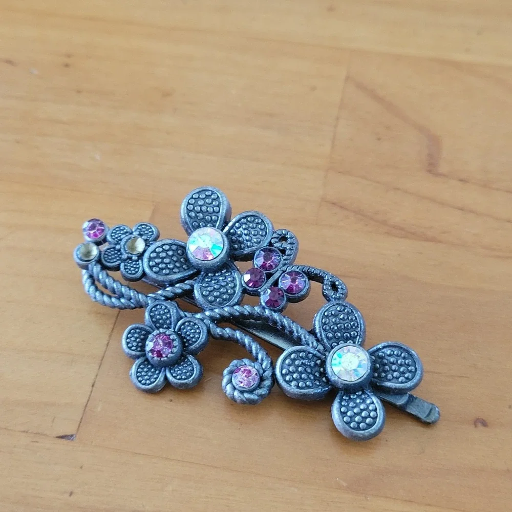 Vintage Floral Rhinestone French Barrette Pink AB Crystal Silver Tone